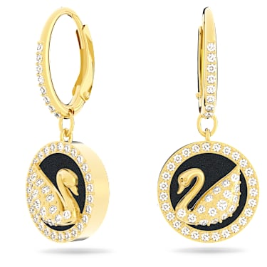 Leather Swan 水滴形耳环, 天鹅, 黑色, 镀金色调 - Swarovski, 5374918