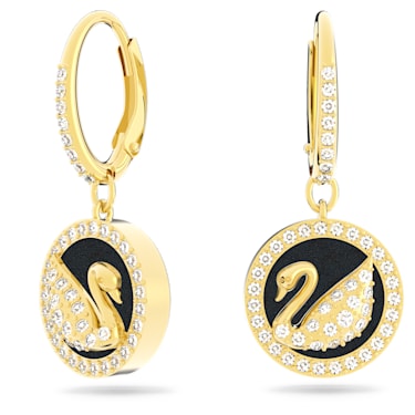 Leather Swan drop earrings, Swan, Black, Gold-tone plated - Swarovski, 5374918