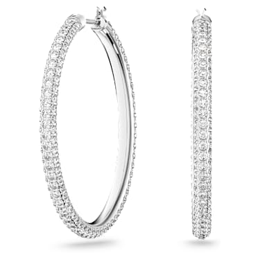 Dextera hoop earrings, Pavé, Large, White, Rhodium plated - Swarovski, 5389432