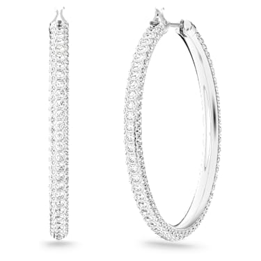 Dextera hoop earrings, Pavé, Large, White, Rhodium plated - Swarovski, 5389432