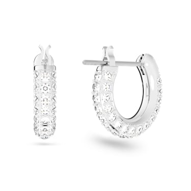 Stone hoop earrings, Pavé, Small, White, Rhodium plated - Swarovski, 5446004