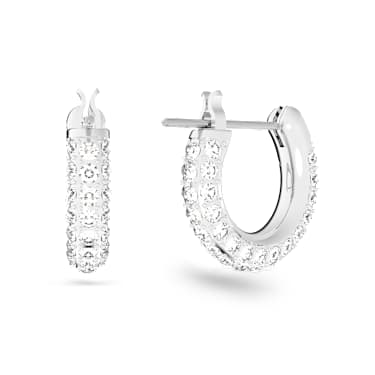 Stone hoop earrings, Pavé, Small, White, Rhodium plated