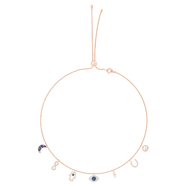 Symbolica necklace, Moon, infinity, hand, evil eye and horseshoe, Blue, Rose gold-tone plated - Swarovski, 5497664