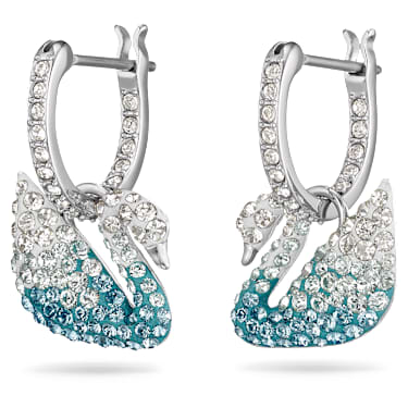 Swan drop earrings, Swan, Blue, Rhodium plated | Swarovski