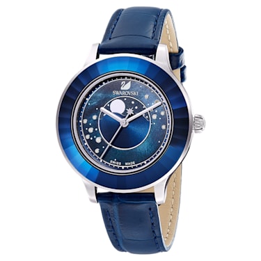 Montre Octea Lux, Fabriqué en Suisse, Lune, Bracelet en cuir, Bleues, Acier inoxydable - Swarovski, 5516305