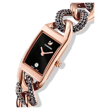 Cocktail watch, Swiss Made, Pavé, Metal bracelet, Black, Rose gold 