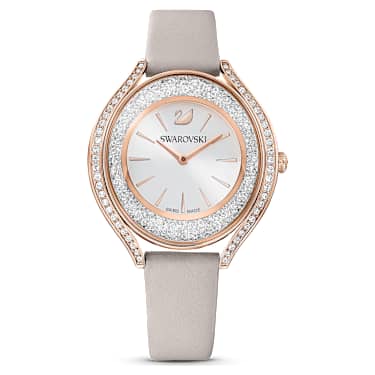 Crystalline Aura 手錶, 瑞士製造, 真皮錶帶, 灰色, 玫瑰金色潤飾 - Swarovski, 5519450