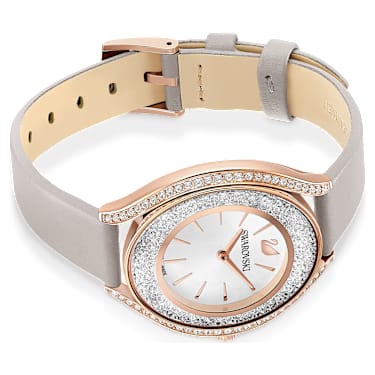 Crystalline Aura watch, Swiss Made, Leather strap, Grey, Rose gold-tone finish - Swarovski, 5519450