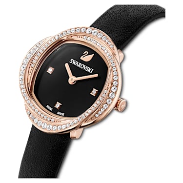 Crystal Flower watch, Swiss Made, Leather strap, Black, Rose gold