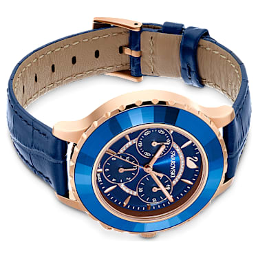 Octea Lux Chrono 腕表, 瑞士制造, 真皮表带, 蓝色, 玫瑰金色调润饰 - Swarovski, 5563480
