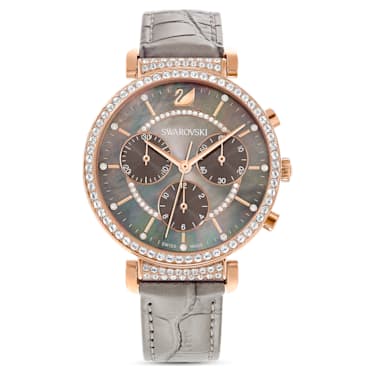 Passage Chrono watch, Swiss Made, Leather strap, Gray, Rose gold-tone finish - Swarovski, 5580348