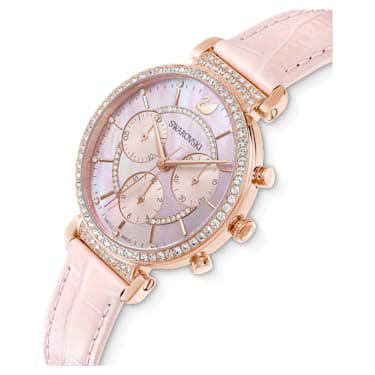 Passage Chrono watch, Swiss Made, Leather strap, Pink, Rose gold-tone finish