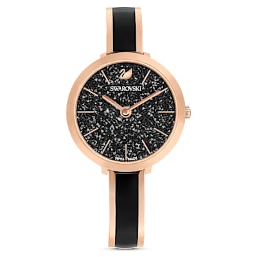 Ročna ura Crystalline Delight, Izdelano v Švici, Kovinska zapestnica, Črna, Prevleka v rožnato zlatem odtenku - Swarovski, 5580530