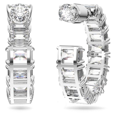 Matrix hoop earrings, Octagon cut, White, Rhodium plated - Swarovski, 5612673