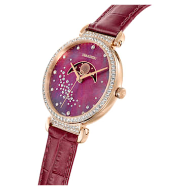 Passage Moon Phase watch, Swiss Made, Moon, Leather strap, Red, Rose gold-tone finish - Swarovski, 5613323