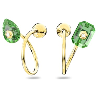 Numina drop earrings, Asymmetrical design, Mixed cuts, Green, Gold-tone plated - Swarovski, 5613541