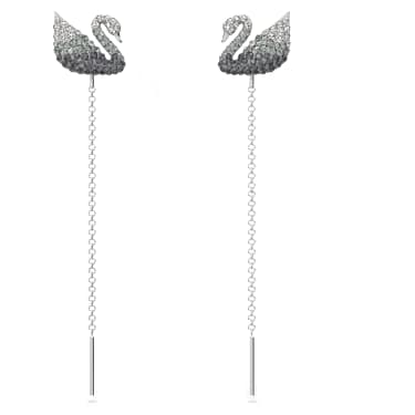 Swan 水滴形耳环, 天鹅, 灰色, 镀铑 - Swarovski, 5614117