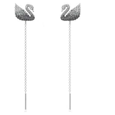 Swan drop earrings, Swan, Gray, Rhodium plated - Swarovski, 5614117