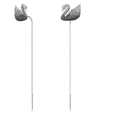 Swan drop earrings, Swan, Gray, Rhodium plated - Swarovski, 5614117