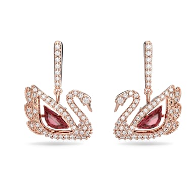 Swan Drop earrings, Swan, Red, 18K rose gold finish - Swarovski, 5614124