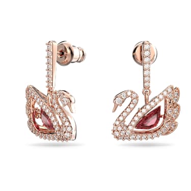 Swan 水滴形耳環, 天鵝, 紅色, 鍍金（玫瑰金色飾面） - Swarovski, 5614124