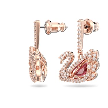 Swan 水滴形耳環, 天鵝, 紅色, 鍍玫瑰金色調 - Swarovski, 5614124