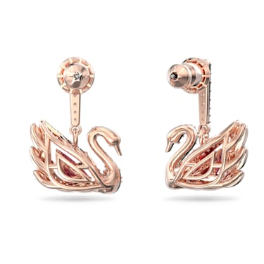 Dancing Swan 水滴形耳環, 天鵝, 紅色, 鍍玫瑰金色調 - Swarovski, 5614124