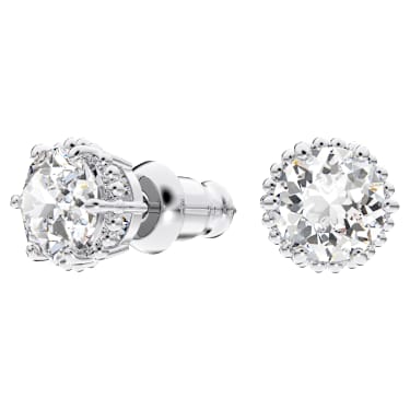 Pendientes de botón Birthstone, Talla redonda, Abril, Blancos, Baño de rodio - Swarovski, 5615520
