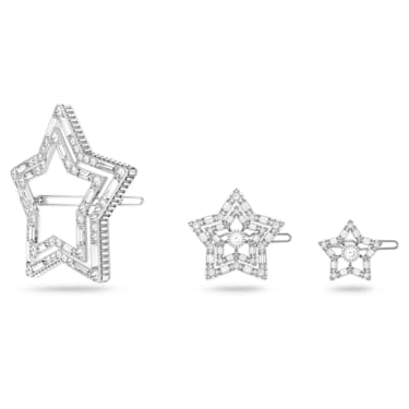Hair clip, Set (3), Star, White, Rhodium plated - Swarovski, 5617760