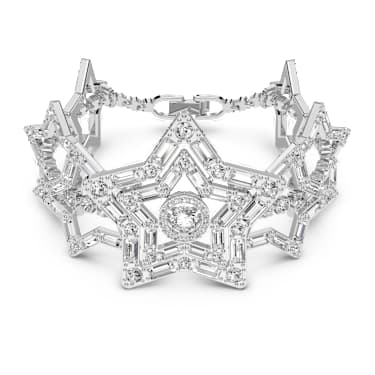 Náramek Stella, Různé výbrusy, Hvězda, Široký, Bílá, Pokoveno rhodiem - Swarovski, 5617880