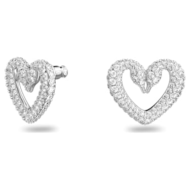 Una stud earrings, Heart, Medium, White, Rhodium plated | Swarovski
