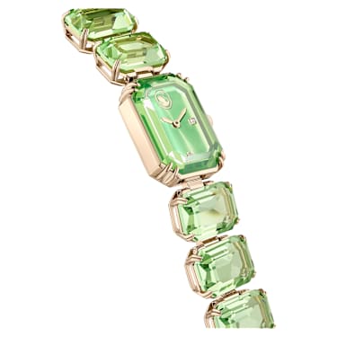 Zegarek, Bransoletka z kryształami w szlifie ośmiokątnym, Zielony, Powłoka w odcieniu szampańskiego złota - Swarovski, 5630834