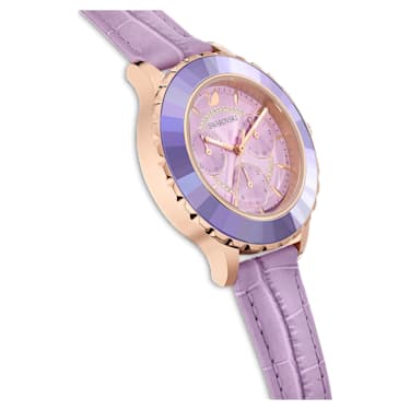 Zegarek Octea Lux Chrono, Swiss Made, Skórzany pasek, Fioletowy, Powłoka w odcieniu różowego złota - Swarovski, 5632263
