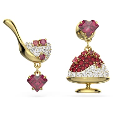 Viseči uhani Cariti, Asimetričen dizajn, Sladoled iz rdečega fižola, Rdeči, PVD zlatega odtenka - Swarovski, 5634707