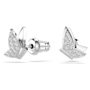Peckové náušnice Idyllia Lilia, Motýl, Bílá, Pokoveno rhodiem - Swarovski, 5636424