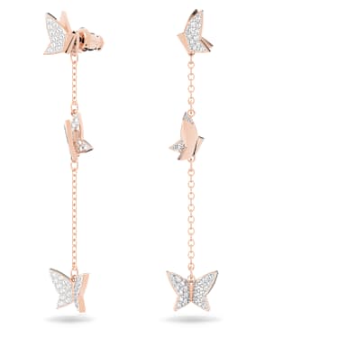 Idyllia Lilia ต่างหูทรงหยดน้ำ, ผีเสื้อ, ยาว, ขาว, ตกแต่งผิวด้วยโรสโกลด์ 18K - Swarovski, 5636426
