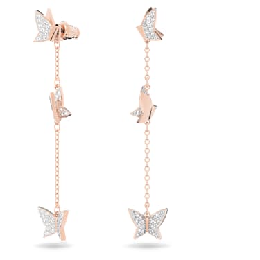 Lilia drop earrings, Butterfly, Long, White, Rose gold-tone plated 
