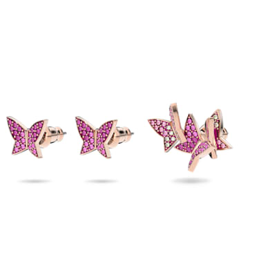 Lilia stud earrings, Set (3), Butterfly, Pink, Rose gold-tone plated
