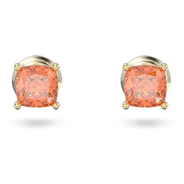 Chroma stud earrings Cushion cut Orange Gold tone plated Swarovski