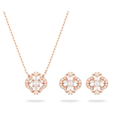 Komplet Una, Mešani rezi, Deteljica, Bela, Prevleka rožnato zlatega odtenka - Swarovski, 5642930