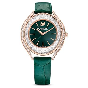 Crystalline Aura 手錶, 瑞士製造, 真皮錶帶, 綠色, 玫瑰金色潤飾 - Swarovski, 5644078