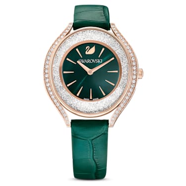 Crystalline Aura horloge, Swiss Made, Lederen band, Groen, Roségoudkleurige afwerking - Swarovski, 5644078