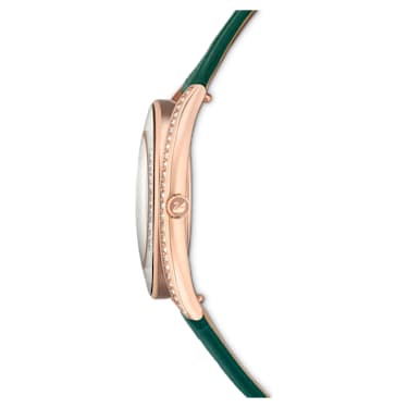Reloj Crystalline Aura, Fabricado en Suiza, Correa de piel, Verde, Acabado tono oro rosa - Swarovski, 5644078