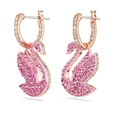 Swan drop earrings, Swan, Pink, Rose gold-tone plated - Swarovski, 5647544
