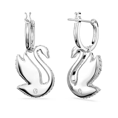 Swan 水滴形耳环, 天鹅, 白色, 镀铑 - Swarovski, 5647545
