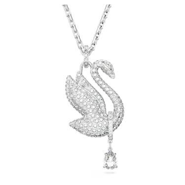 Silver-Plated & black Crystals Swarovski Swan Rhodium Plated Pendant  Necklace