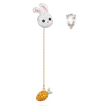 Chinese Zodiac 水滴形耳環, 非對稱設計, 兔子和紅蘿蔔, 長款, 漸層色, 鍍玫瑰金色調 - Swarovski, 5647972