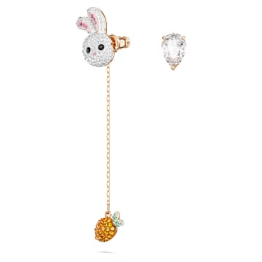 Chinese Zodiac 水滴形耳環, 非對稱設計, 兔子和紅蘿蔔, 長款, 漸層色, 鍍玫瑰金色調 - Swarovski, 5647972