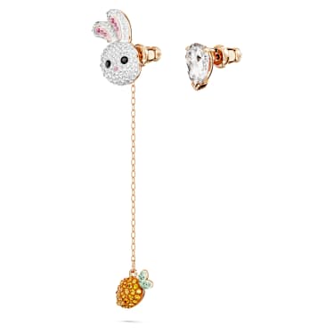 Chinese Zodiac 水滴形耳環, 非對稱設計, 兔子和紅蘿蔔, 長款, 漸層色, 鍍玫瑰金色調 - Swarovski, 5647972