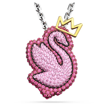 Swan pendant, Swan, Long, Pink, Rhodium plated - Swarovski, 5649195
